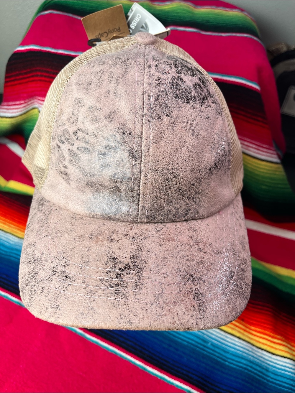 Beige/ rose gold Baseball Cap with Faux Leather-Look Front with Criss Cross back